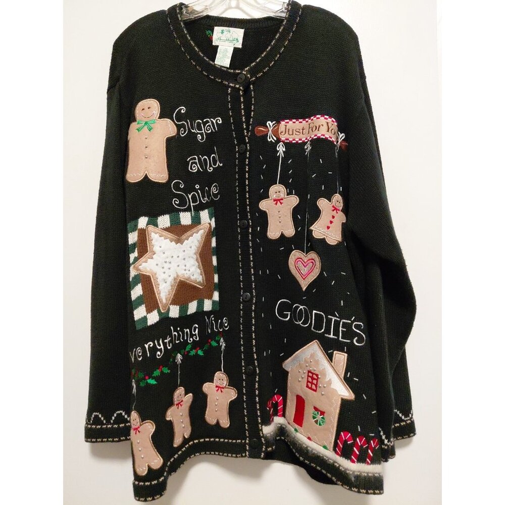 Quacker Factory Vintage Novelty Gingerbread Holiday Cardigan Black 2X